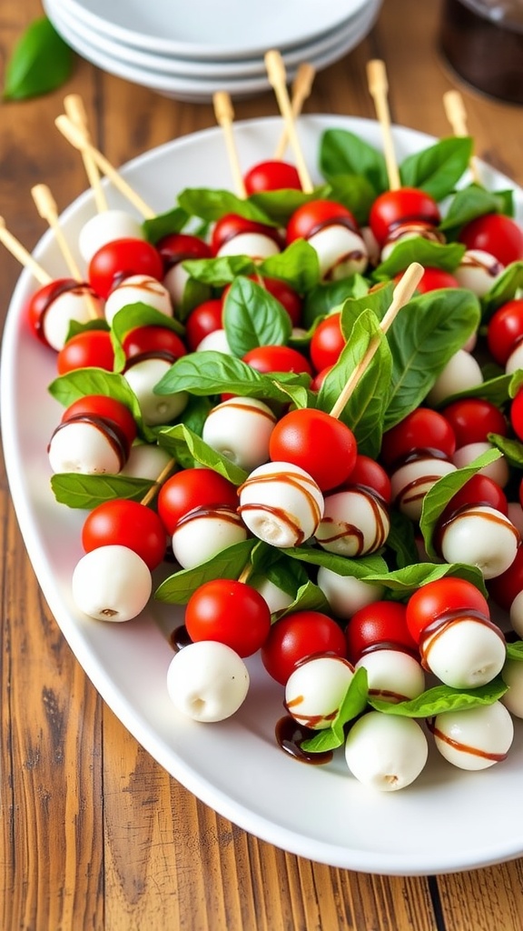 Colorful Caprese skewers with cherry tomatoes, basil, and mozzarella on a platter.